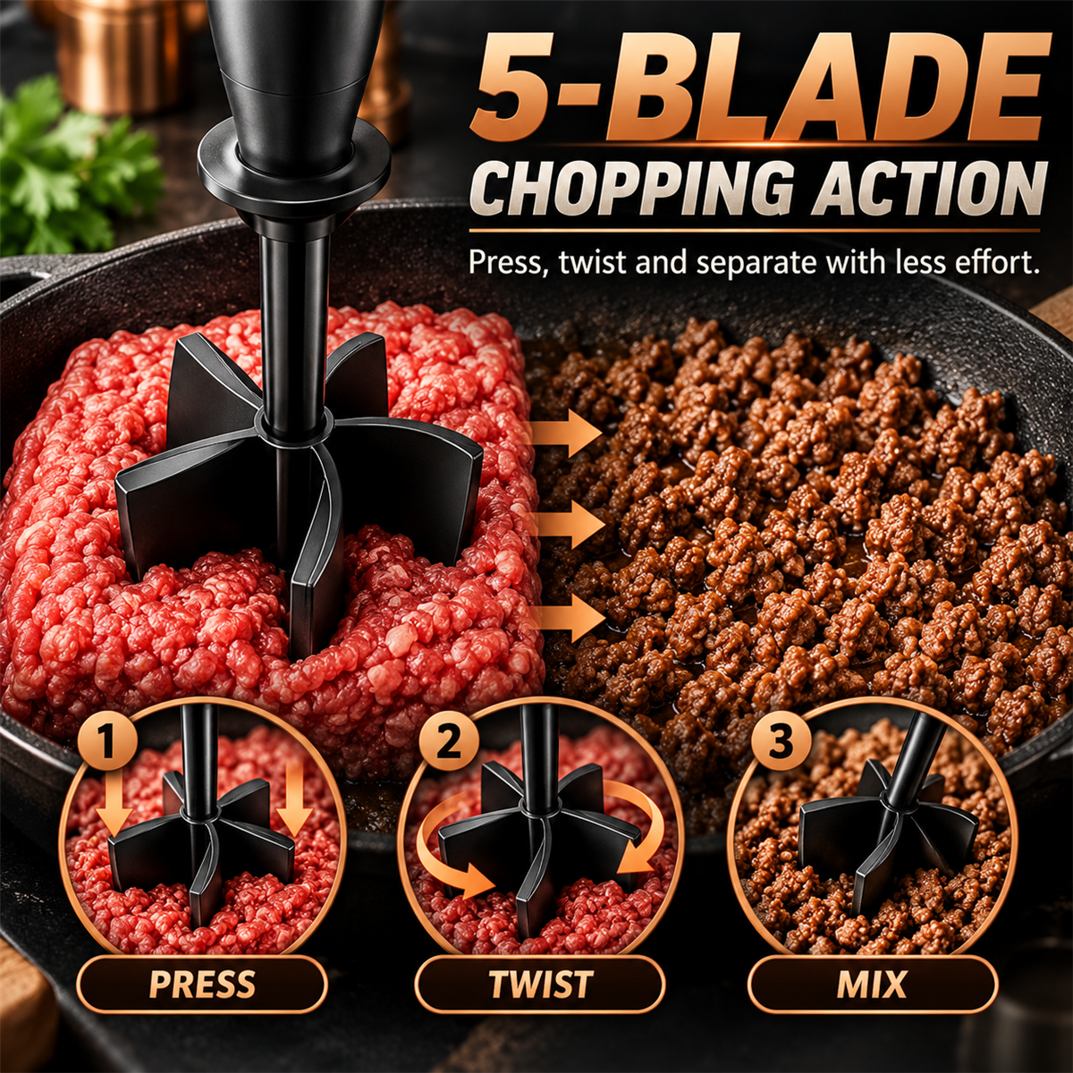 Press twist and mix action of the five-blade meat masher