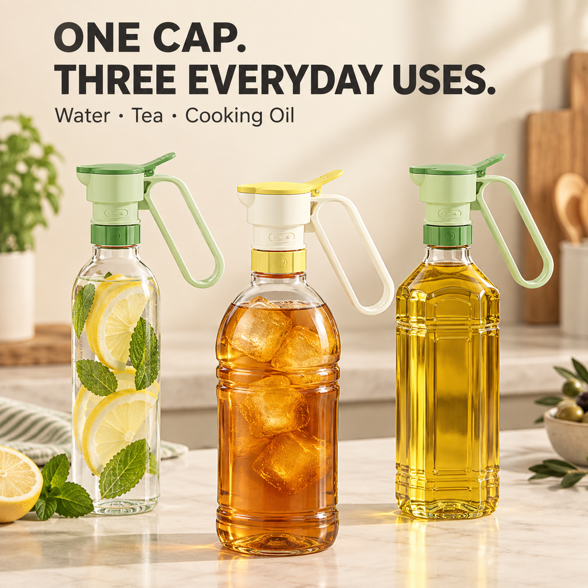 Press-to-pour bottle cap for water tea and cooking oil