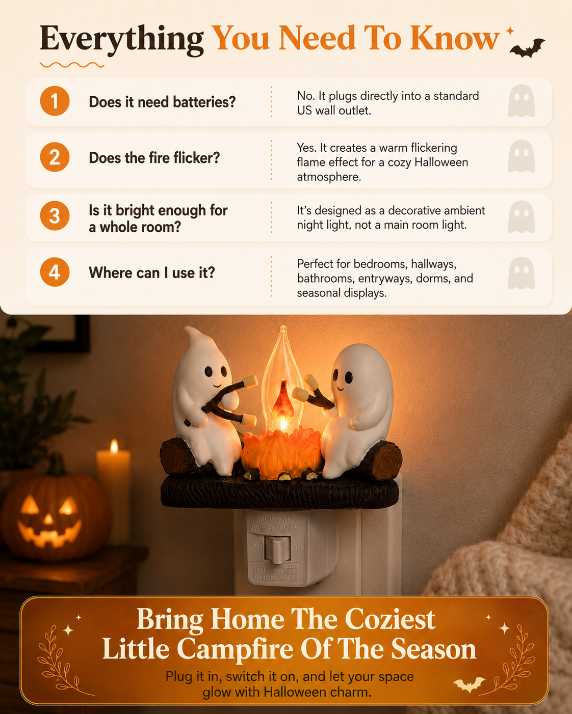 Ghost campfire night light product information and cozy scene