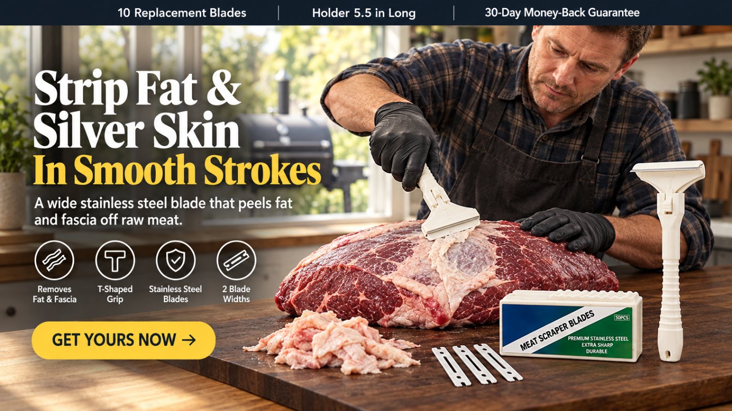 Strip Fat & Silver Skin In Smooth Strokes A wide stainless steel blade that peels fat and fascia off raw meat