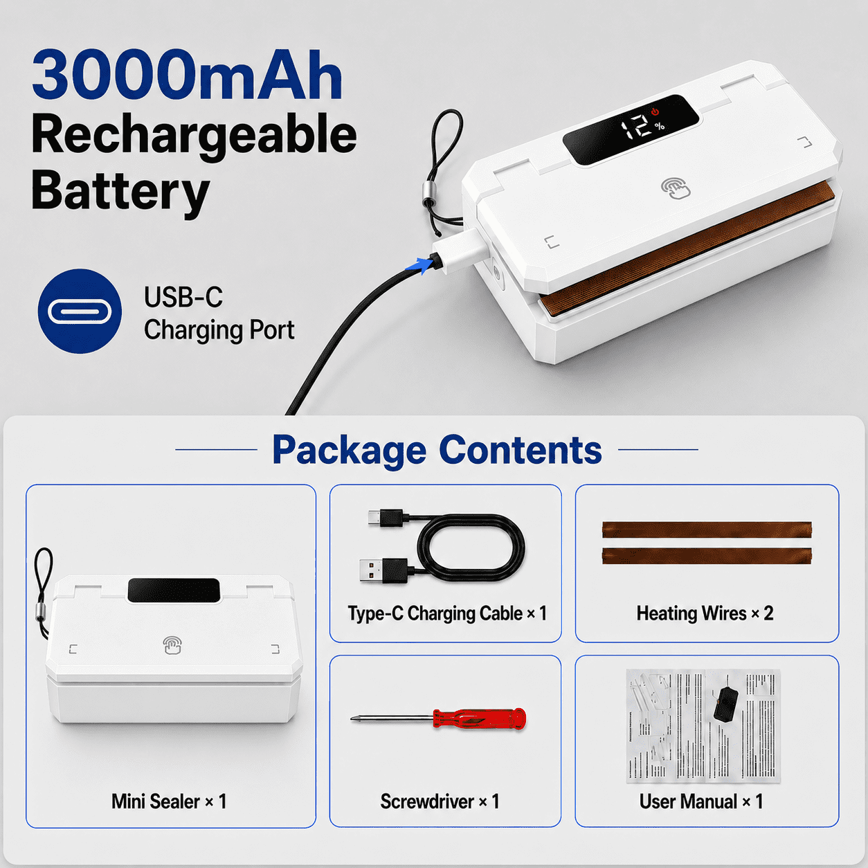 3000mAh USB-C battery and included accessories