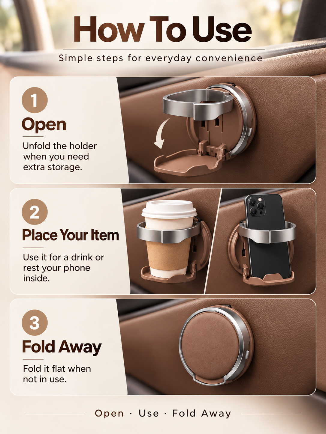 🚗 Foldable Car Door Cup Holder & Phone Stand – No-Drill 2-in-1 Vehicle Organizer