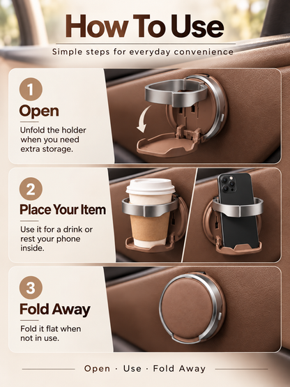 🚗 Foldable Car Door Cup Holder & Phone Stand – No-Drill 2-in-1 Vehicle Organizer