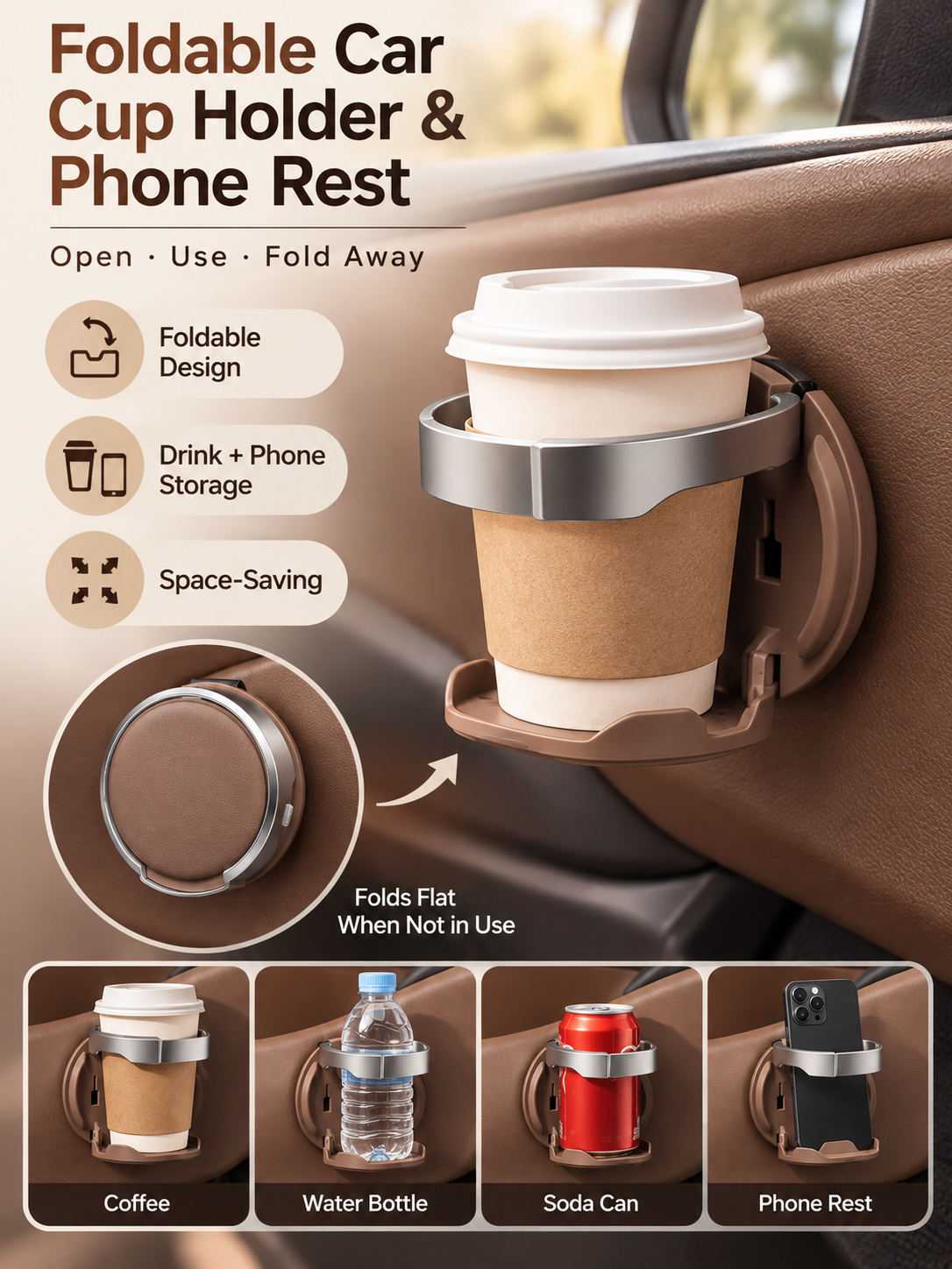 🚗 Foldable Car Door Cup Holder & Phone Stand – No-Drill 2-in-1 Vehicle Organizer