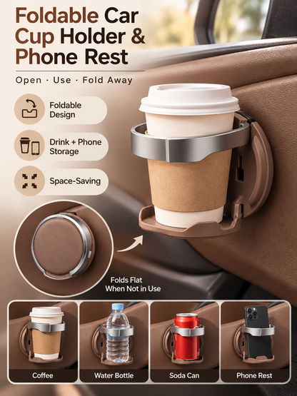 🚗 Foldable Car Door Cup Holder & Phone Stand – No-Drill 2-in-1 Vehicle Organizer