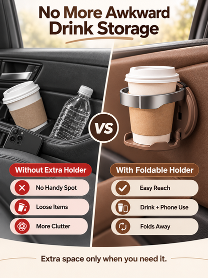 🚗 Foldable Car Door Cup Holder & Phone Stand – No-Drill 2-in-1 Vehicle Organizer