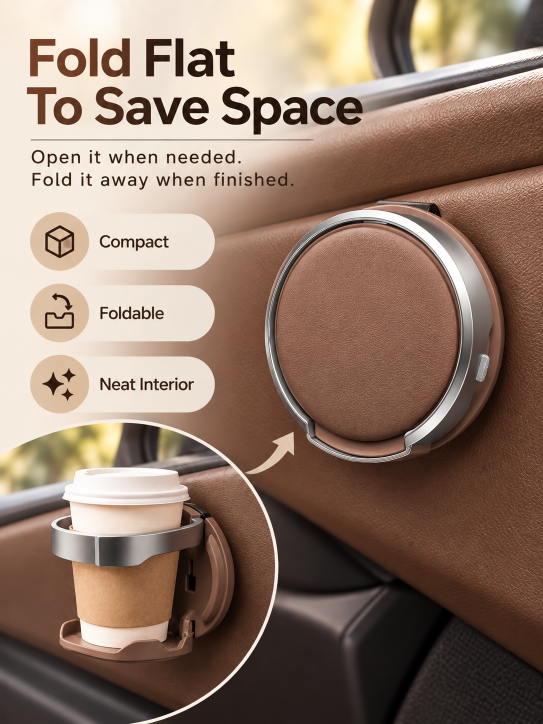 🚗 Foldable Car Door Cup Holder & Phone Stand – No-Drill 2-in-1 Vehicle Organizer