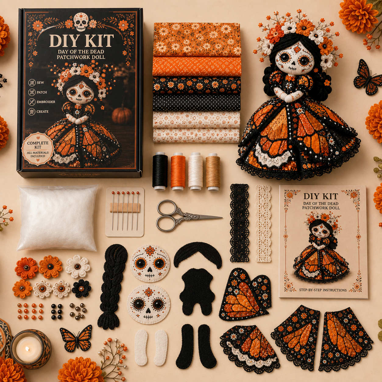 Complete Day of the Dead patchwork doll sewing kit contents