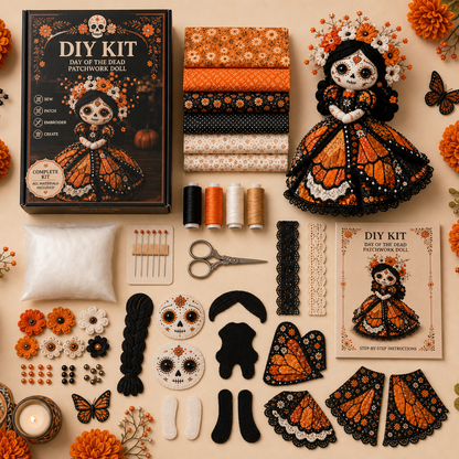 Complete Day of the Dead patchwork doll sewing kit contents