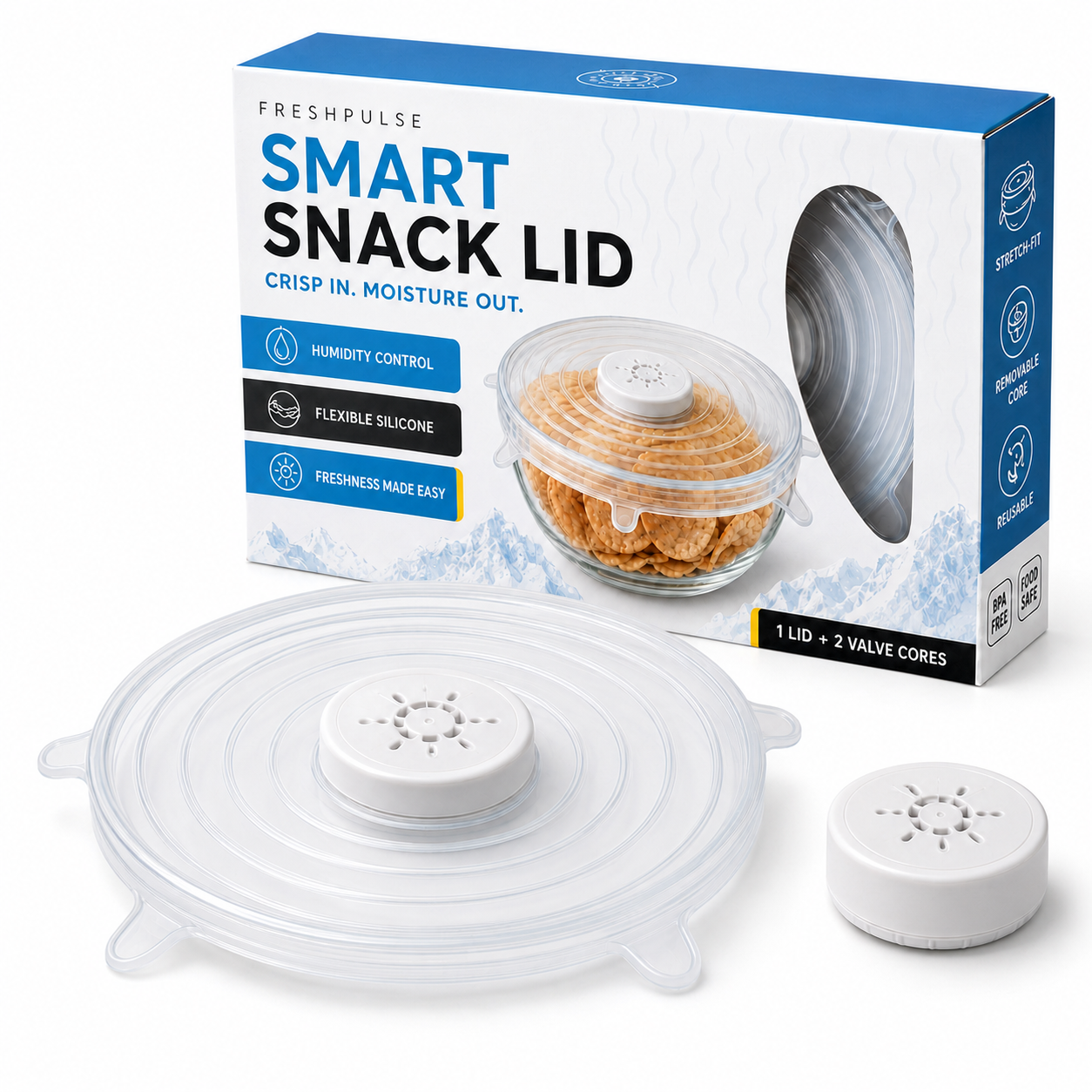Smart moisture-control snack lid with packaging and valve cores