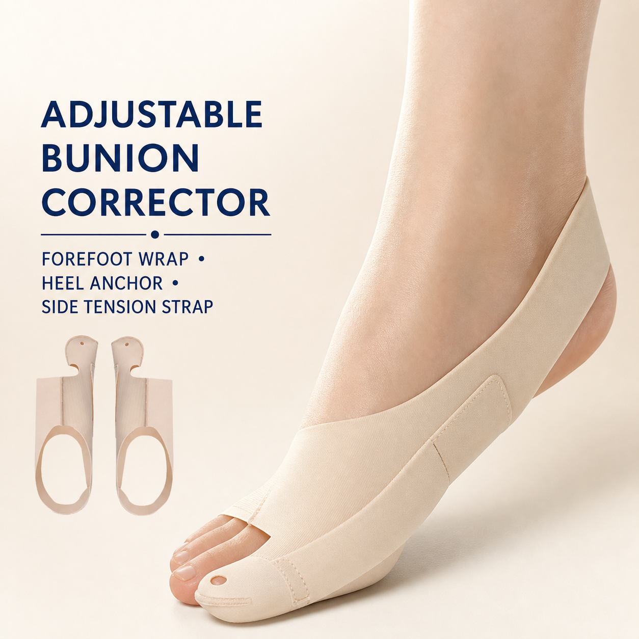 Adjustable bunion corrector with forefoot wrap heel anchor and side strap