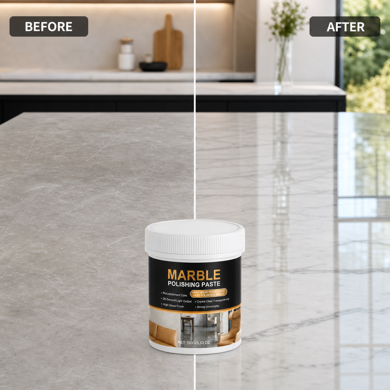 Marble Polishing Paste – Erases scratches & etches. restores natural shine. Protective barrier repels water & fingerprints. Save £££ on professional restoration! 🏠💎