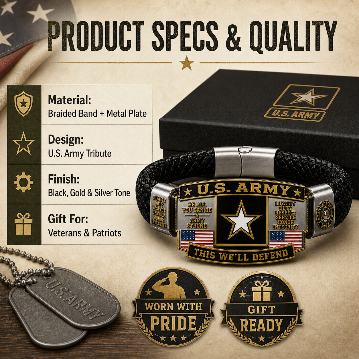 🛡️Patriotic US Army Legacy Collection Bracelet with This We'll Defend Slogan