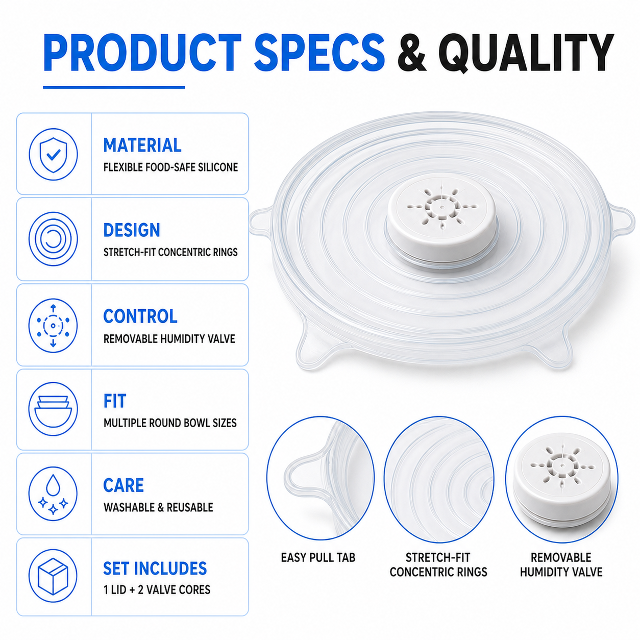 Flexible silicone snack lid product specifications