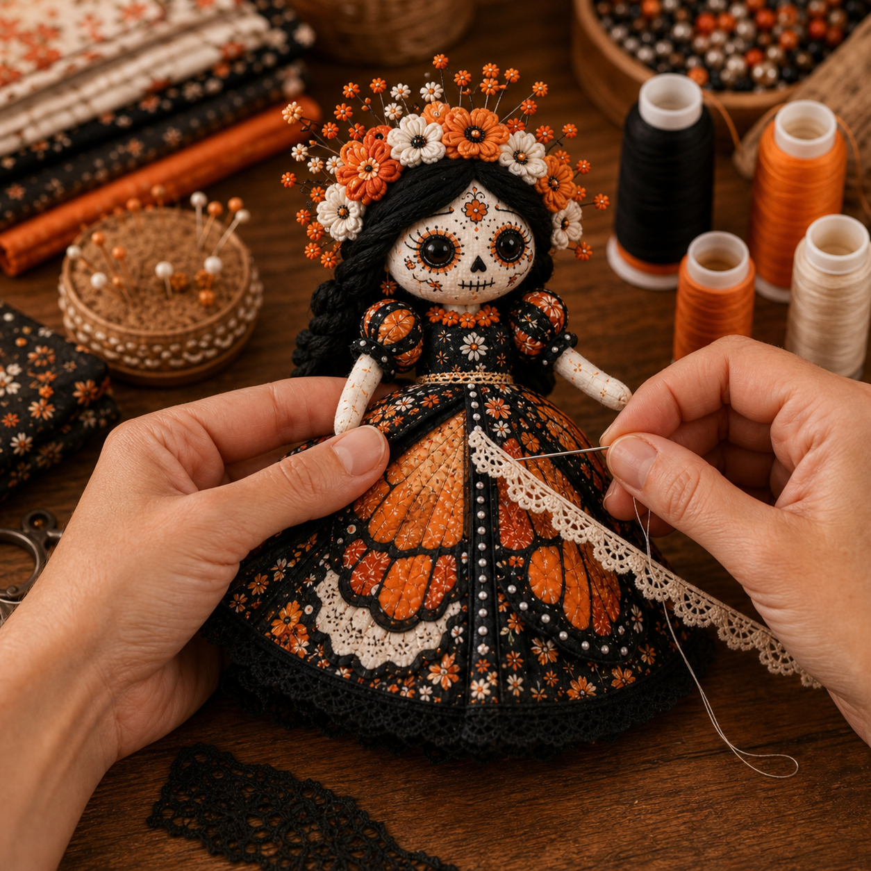 Stitching the butterfly skirt and lace trim
