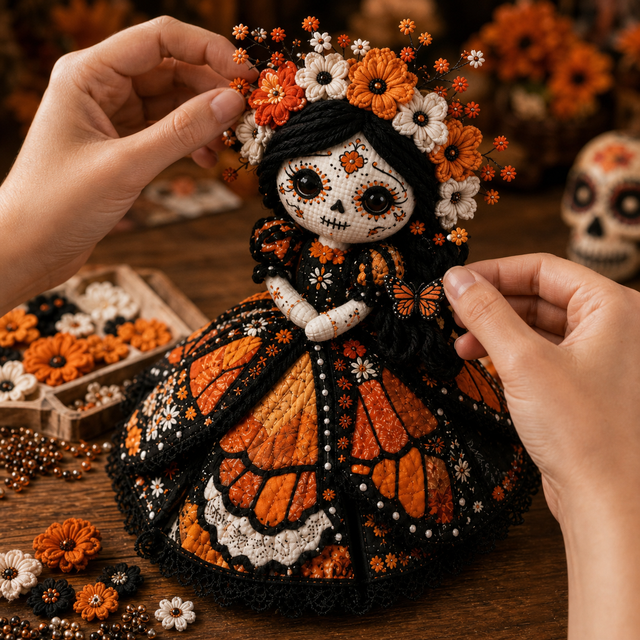 Adding flowers beads and butterfly finishing details