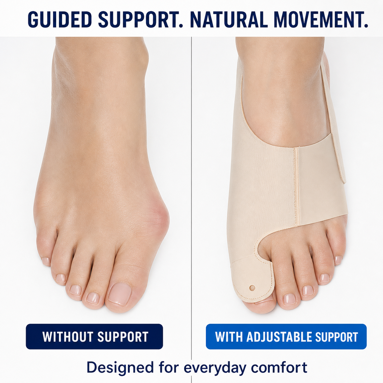Foot without support and with adjustable bunion support comparison