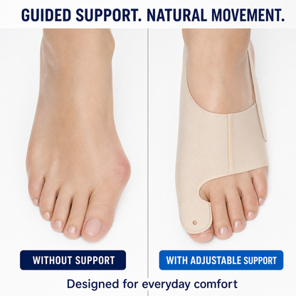 Foot without support and with adjustable bunion support comparison