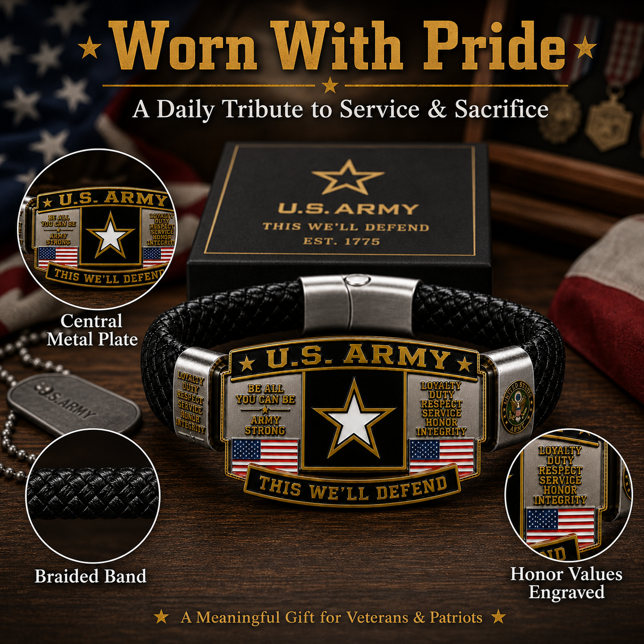 🛡️Patriotic US Army Legacy Collection Bracelet with This We'll Defend Slogan
