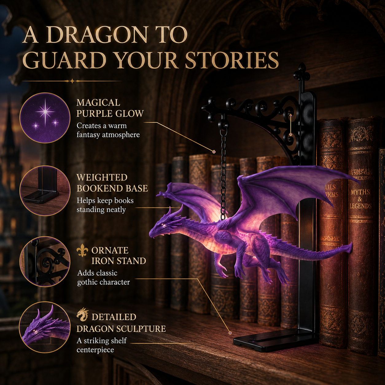 🔥LAST DAY 50% OFF - 🐉DragonGlow Hanging Purple Dragon Bookend Light
