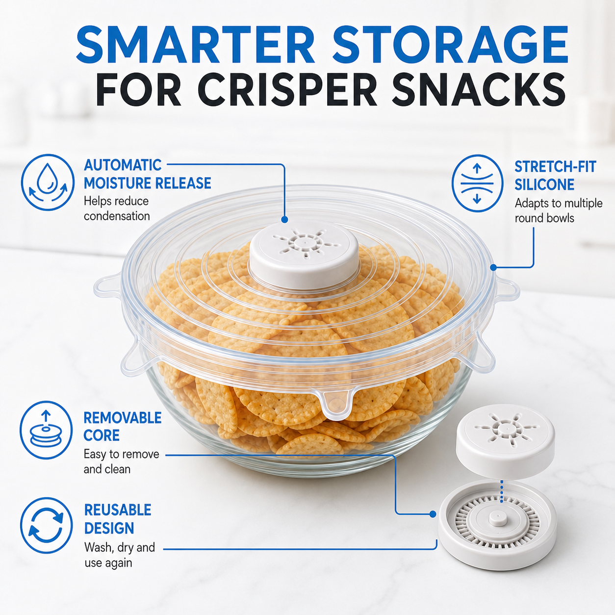 Stretch-fit snack lid features and moisture-control benefits