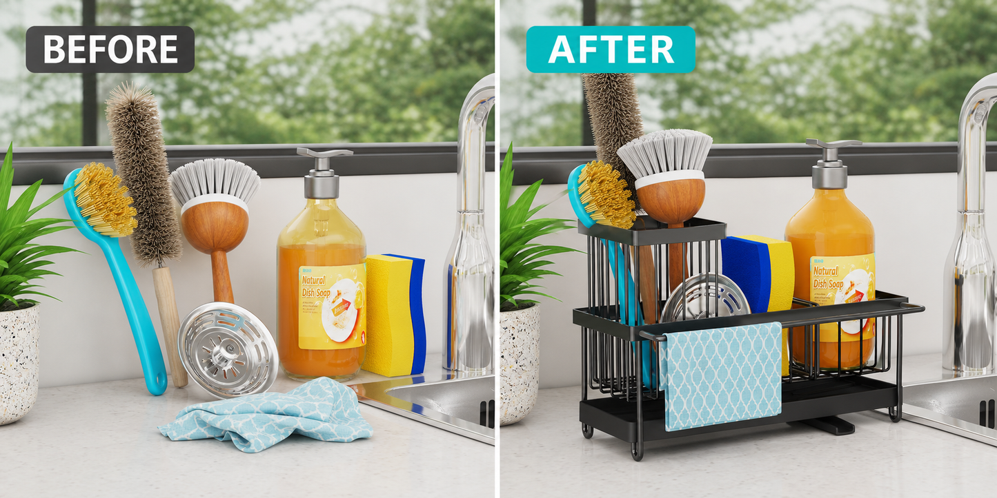 Godboat Sponge Holder for Kitchen Sink - Kitchen Sink Organizer with Brush Holder. Kitchen Sink Caddy with Auto-Drain. 360° Swivel Spout. Cool Kitchen Gadgets for New Home. Apartment. Farmhouse and RV