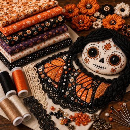 Patchwork fabrics lace thread beads and doll details