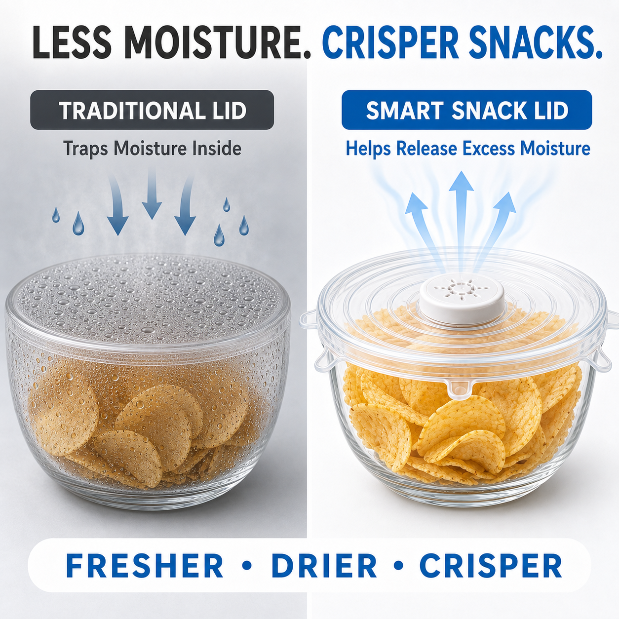 Traditional lid and smart snack lid moisture comparison