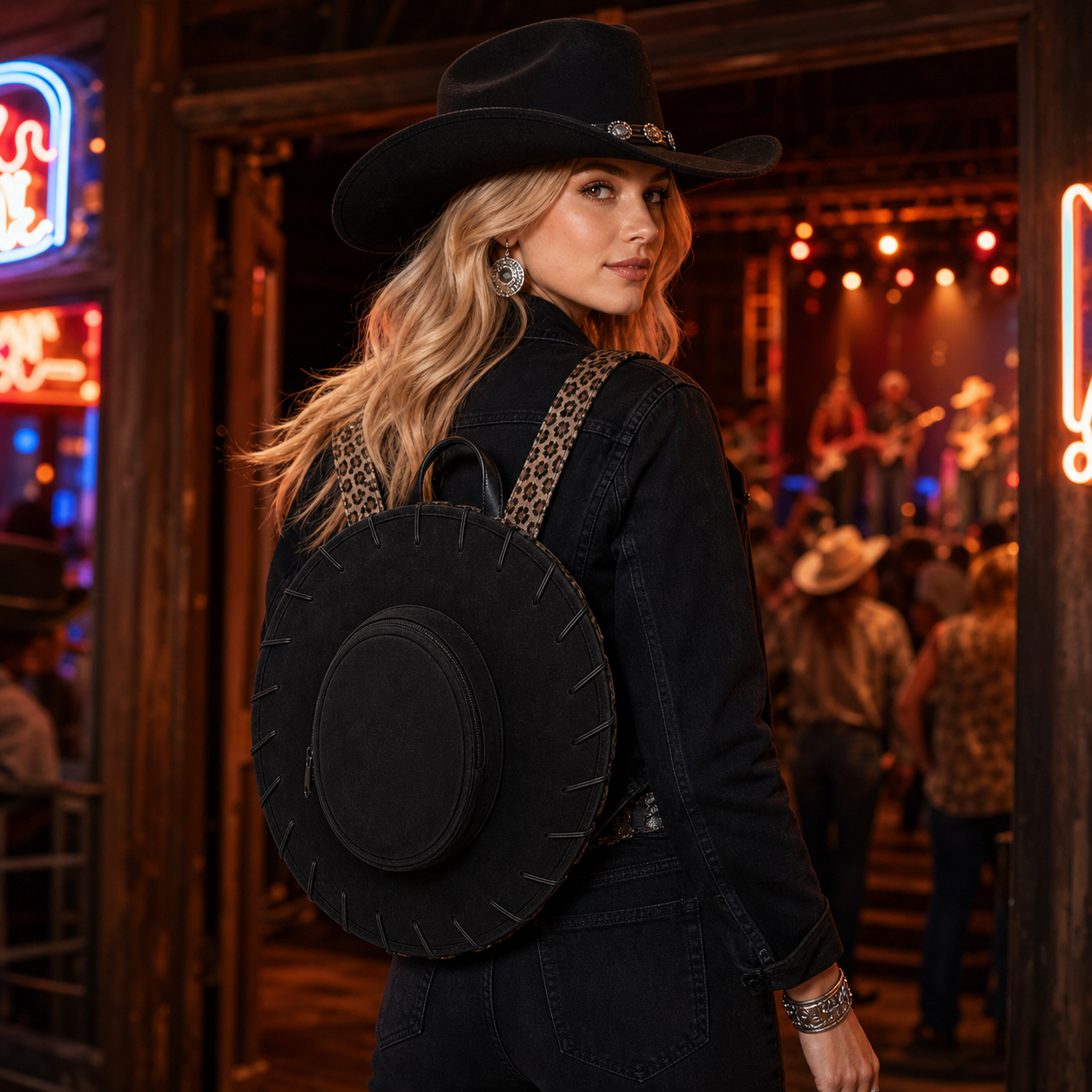 Black Western Cowgirl Hat Backpack worn for an evening concert