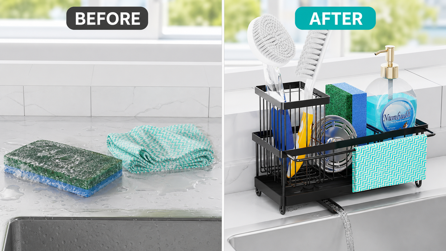 Godboat Sponge Holder for Kitchen Sink - Kitchen Sink Organizer with Brush Holder. Kitchen Sink Caddy with Auto-Drain. 360° Swivel Spout. Cool Kitchen Gadgets for New Home. Apartment. Farmhouse and RV
