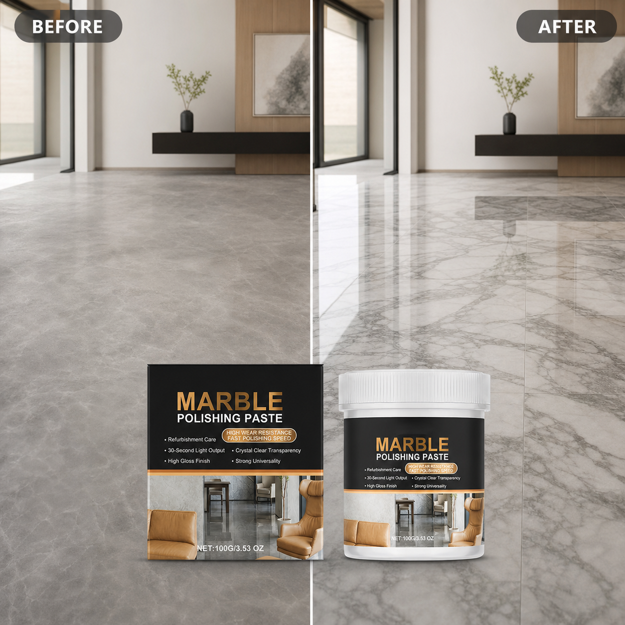 Marble Polishing Paste – Erases scratches & etches. restores natural shine. Protective barrier repels water & fingerprints. Save £££ on professional restoration! 🏠💎