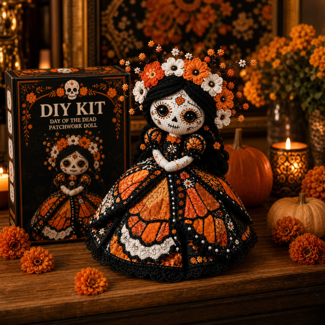 Finished Day of the Dead patchwork doll seasonal display