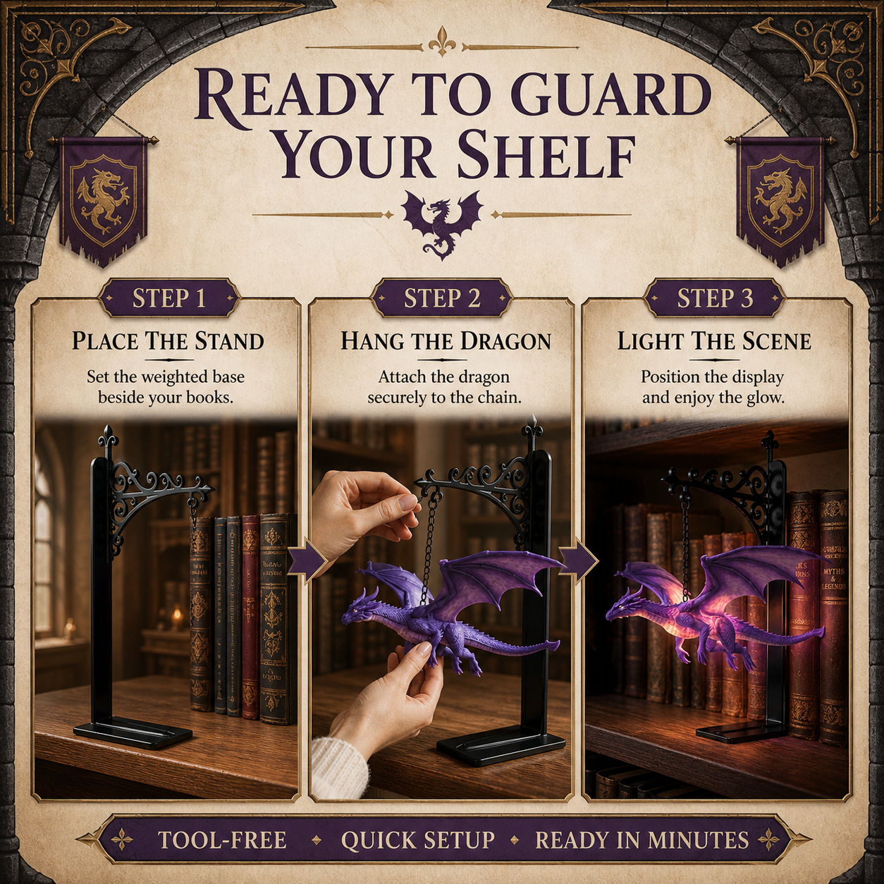 🔥LAST DAY 50% OFF - 🐉DragonGlow Hanging Purple Dragon Bookend Light