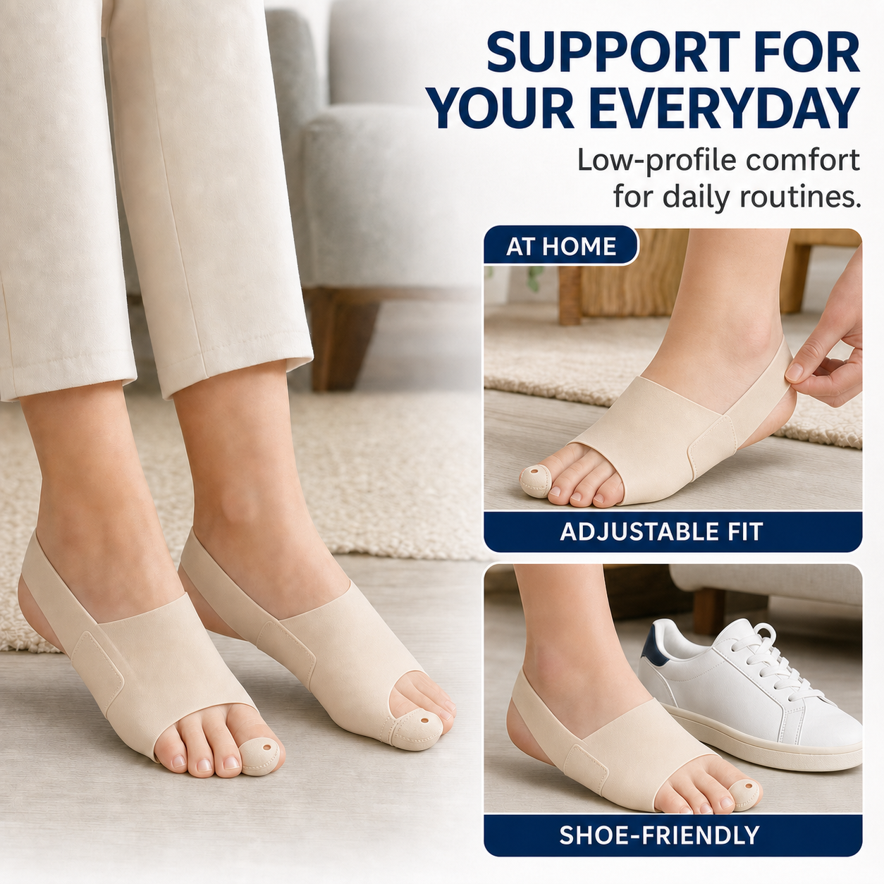 Low-profile adjustable foot support for home and compatible shoes