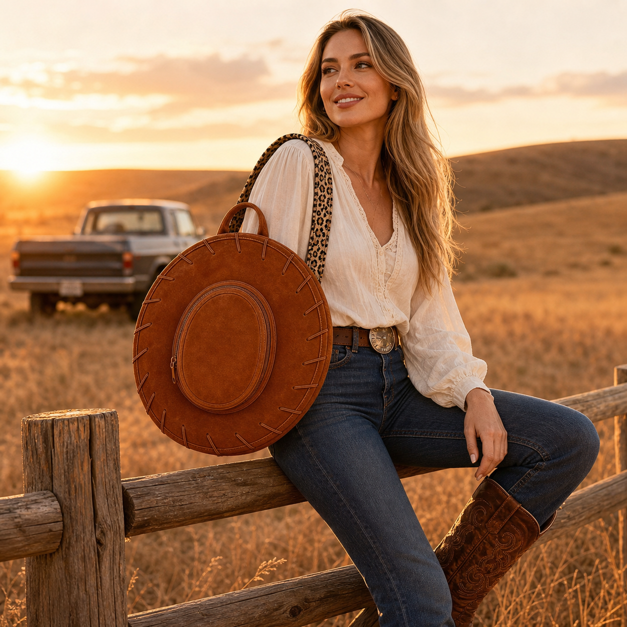 Brown Western Cowgirl Hat Backpack styled for ranch travel