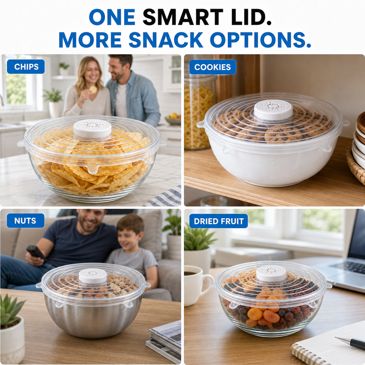 Smart snack lid used with chips cookies nuts and dried fruit