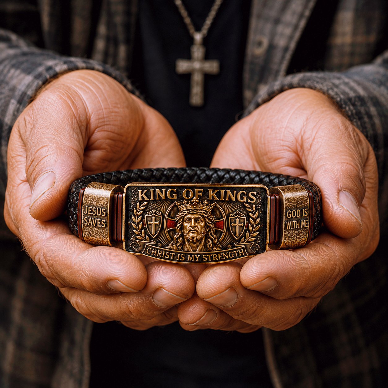 Man wearing the King of Kings bracelet during a quiet morning prayer to Jesus