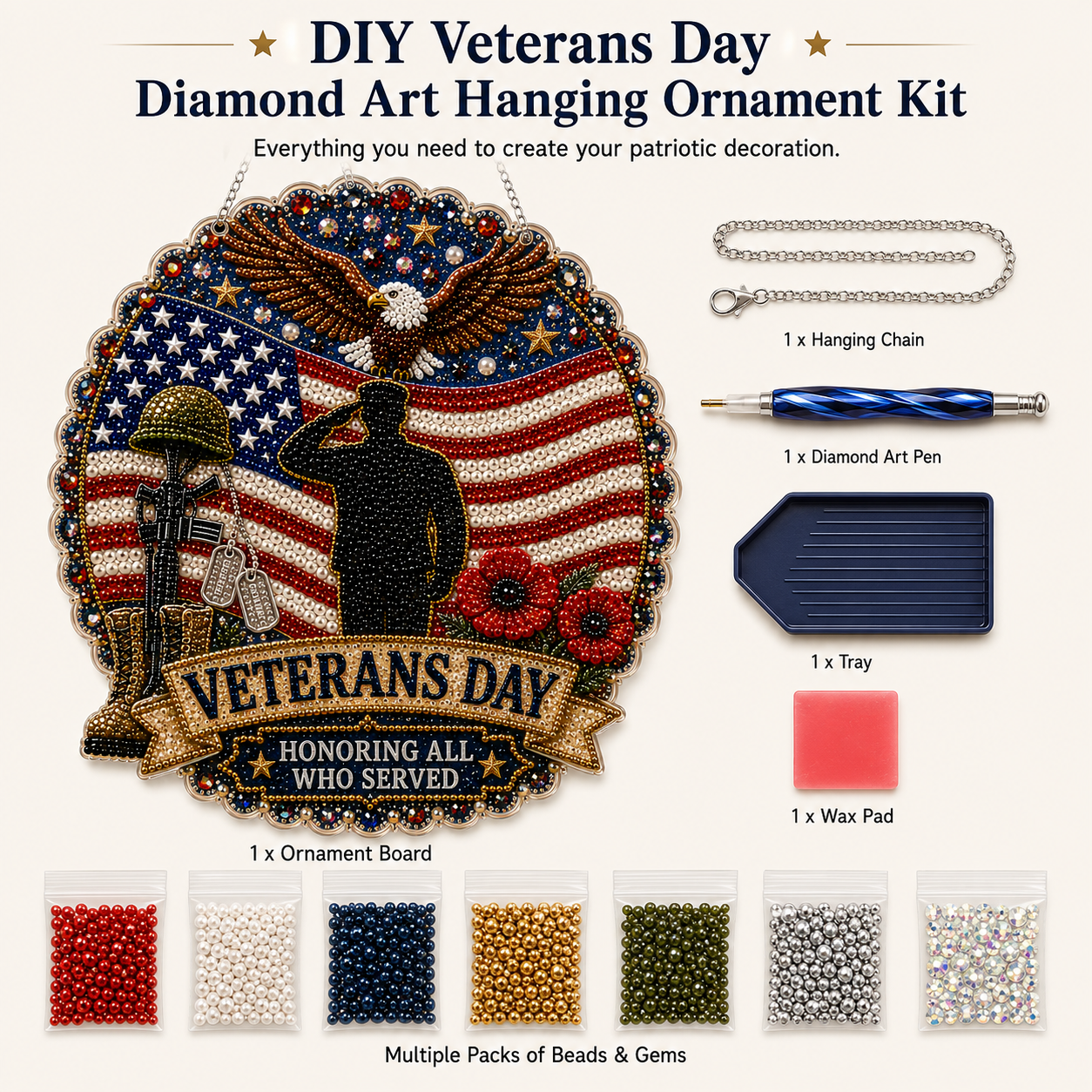 Pearl-like drills and textured patriotic ornament details