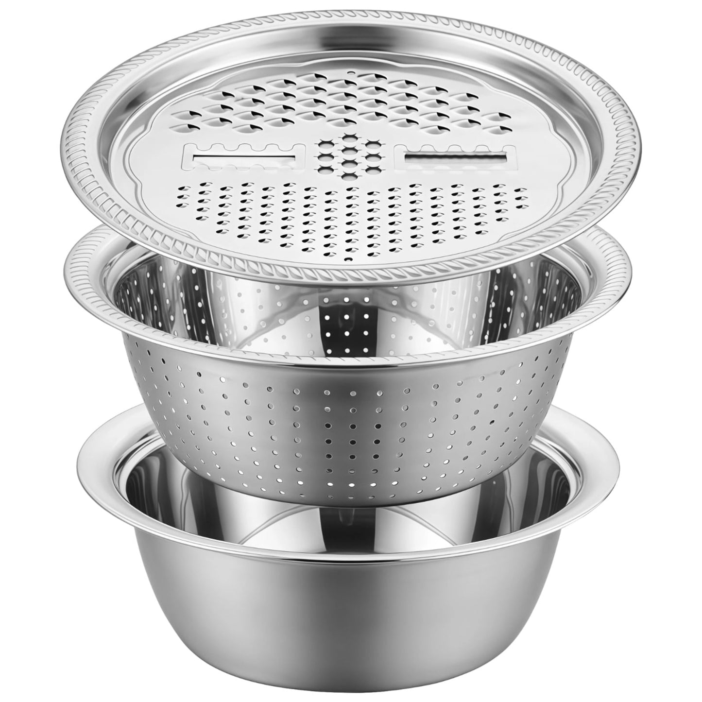 3-in-1 stainless steel grater bowl set with colander and grater lid