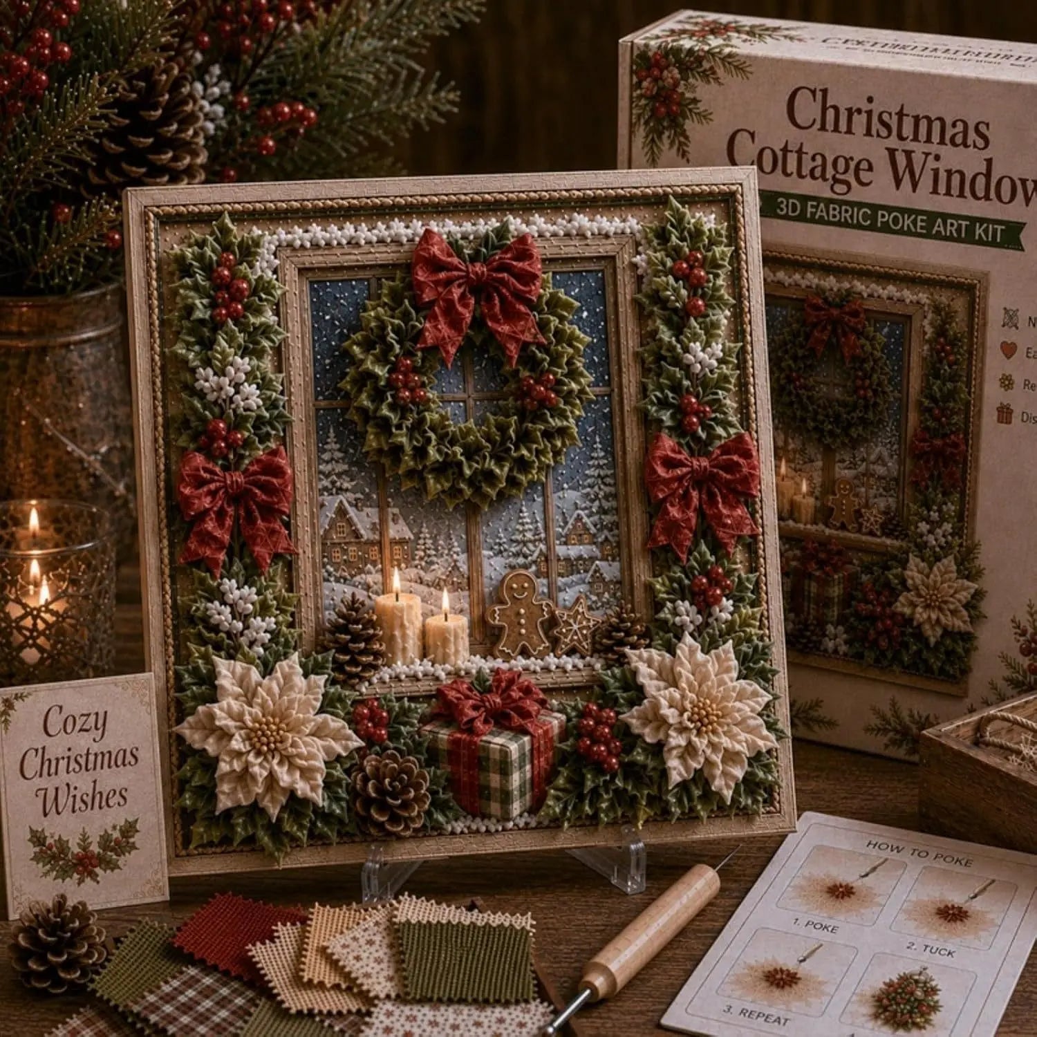Christmas Cottage Window 3D fabric poke art kit