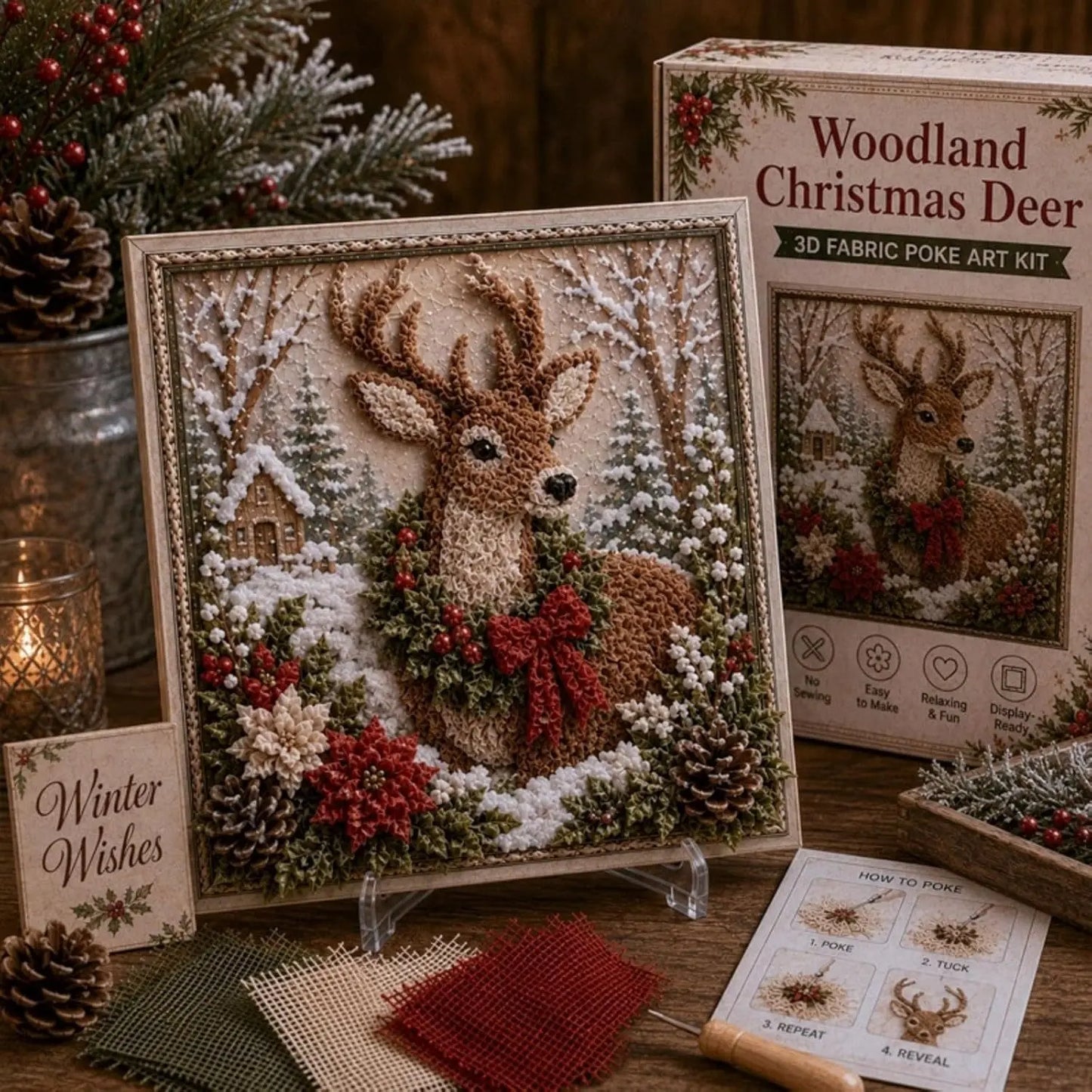 Woodland Christmas Deer 3D fabric poke art kit