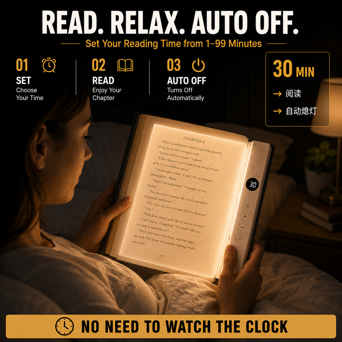 Rechargeable Full-Page Book Light with Timer
