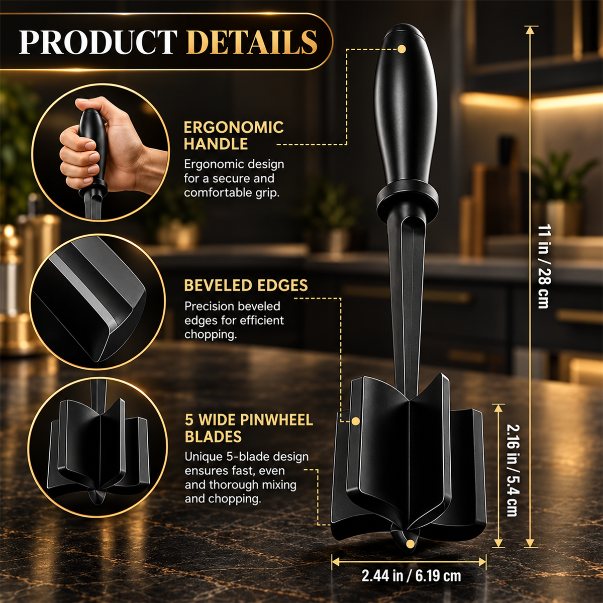Ground meat masher dimensions ergonomic handle and five-blade head