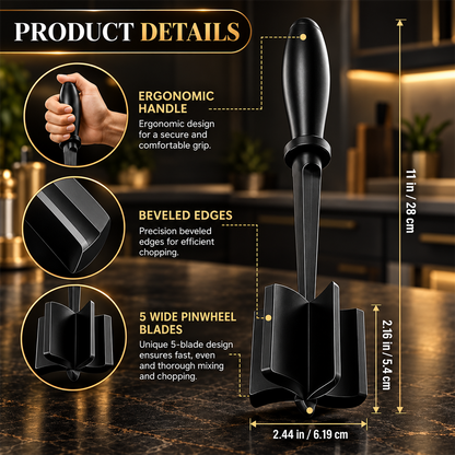 Ground meat masher dimensions ergonomic handle and five-blade head