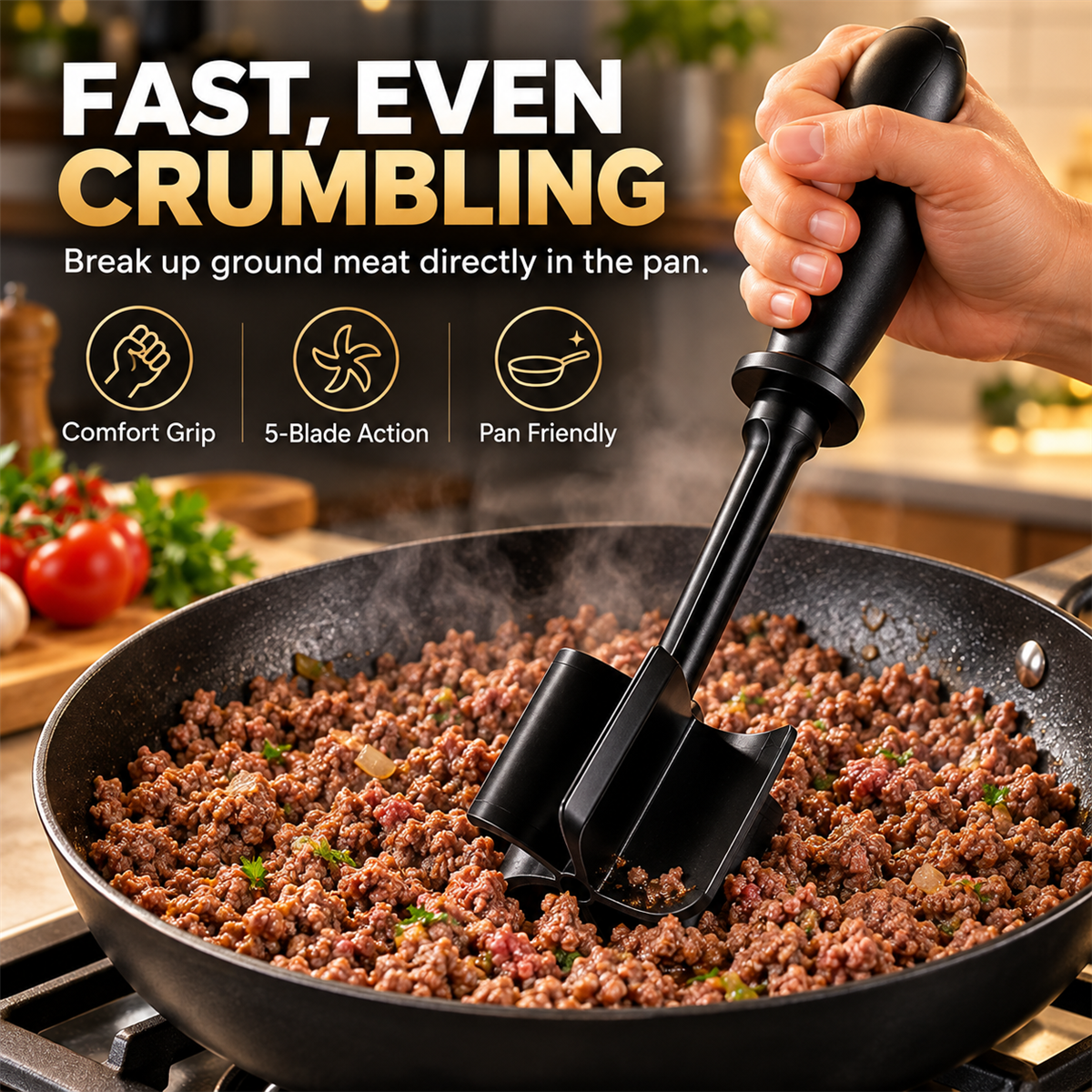 Five-blade masher crumbling ground beef in a pan