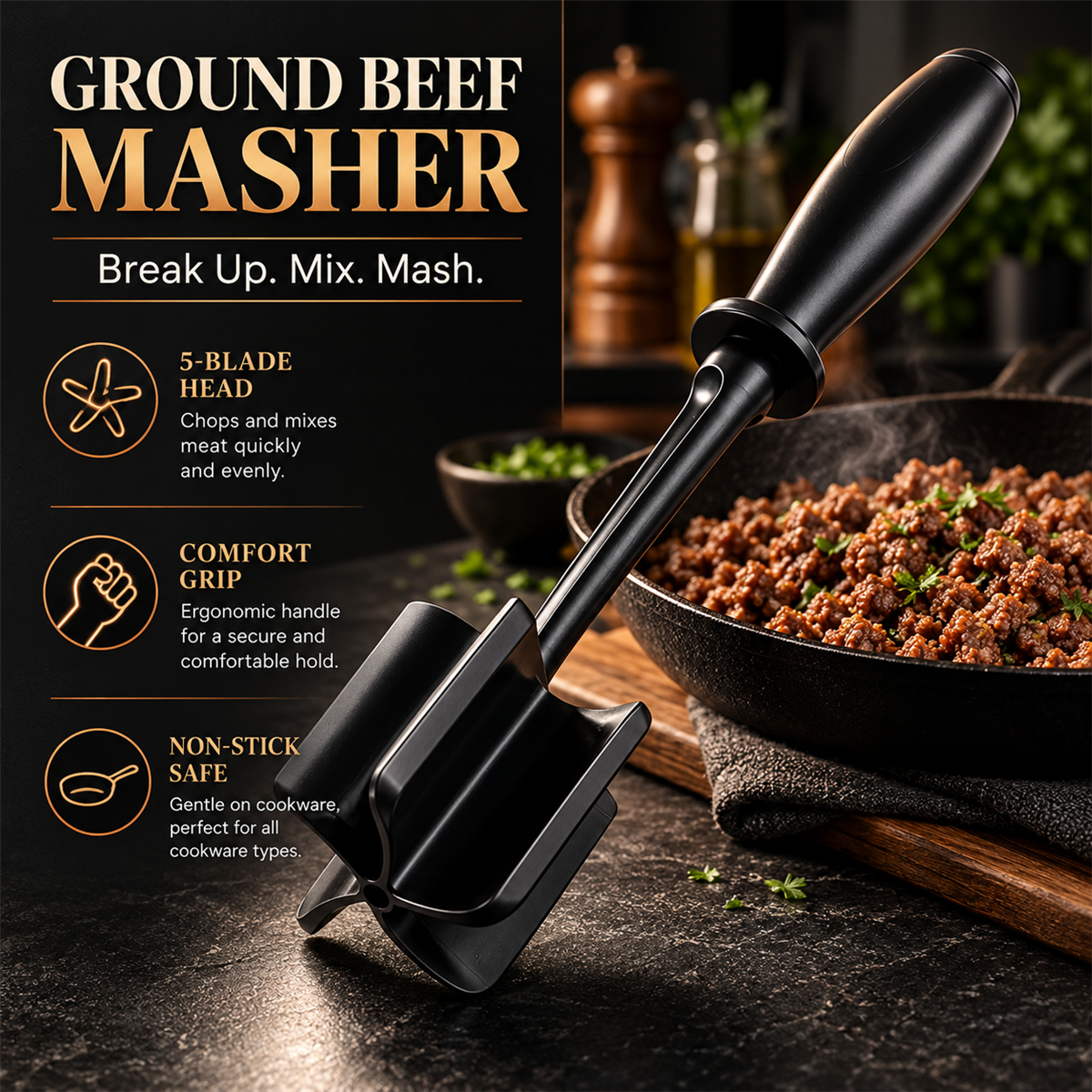 Five-blade ground meat masher for breaking up meat in a pan