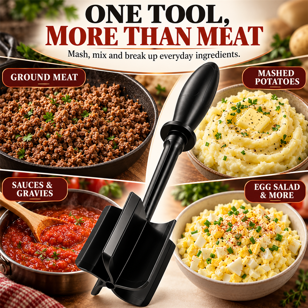 Kitchen masher for ground meat potatoes sauces gravies and egg salad