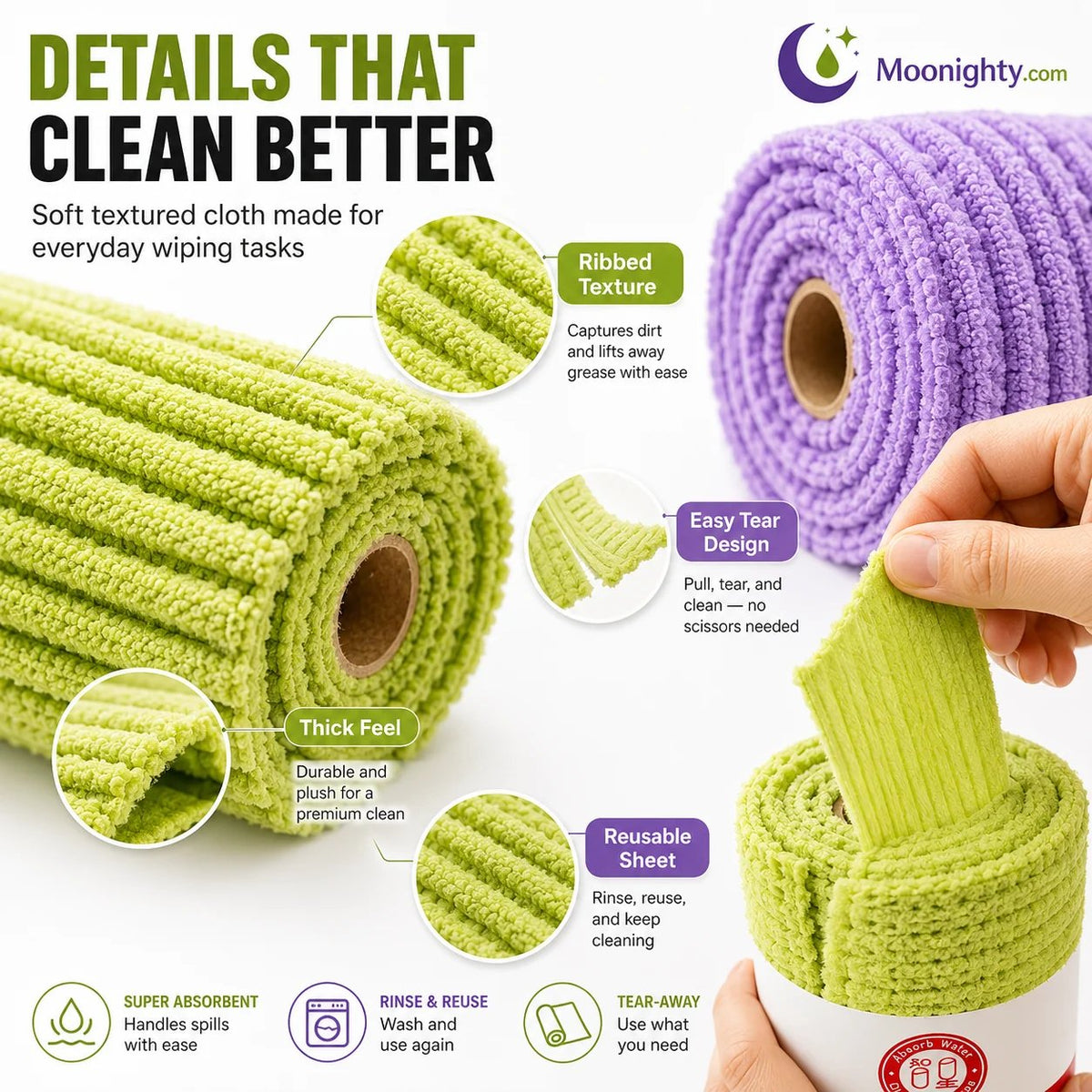 💯 Multipurpose Reusable Tear-Off Cleaning Cloth Roll
