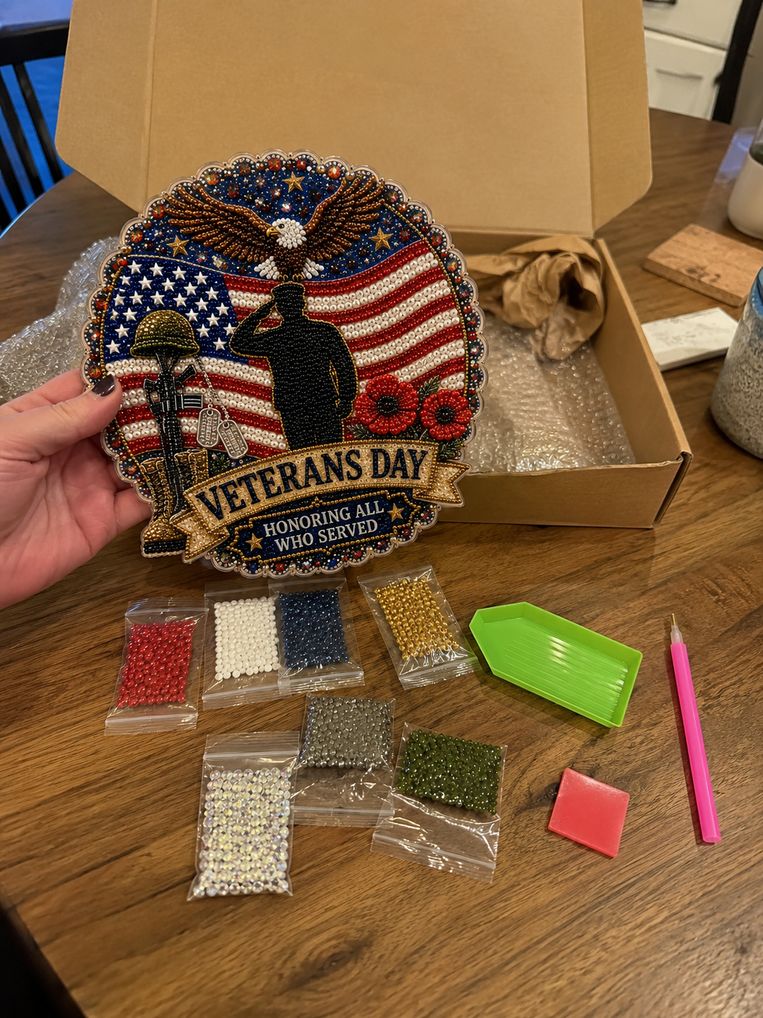 Patriotic diamond art ornament kit and finished display