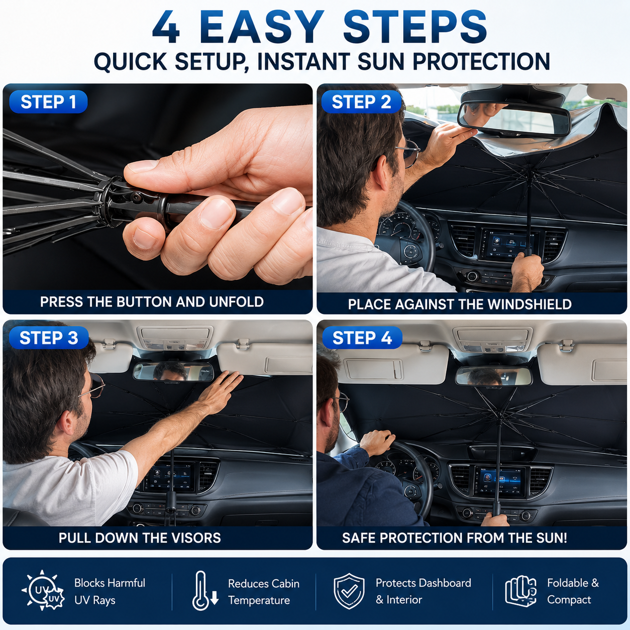 ☀️Car Sunshade – Effective Heat Insulation. UV Block & Easy Foldable Auto Windshield Protector